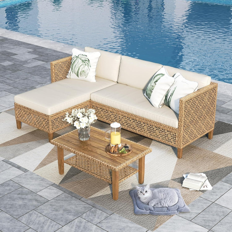 L-Shaped Rattan Garden Sofa Set Outdoor Patio Sectional with Coffee Table