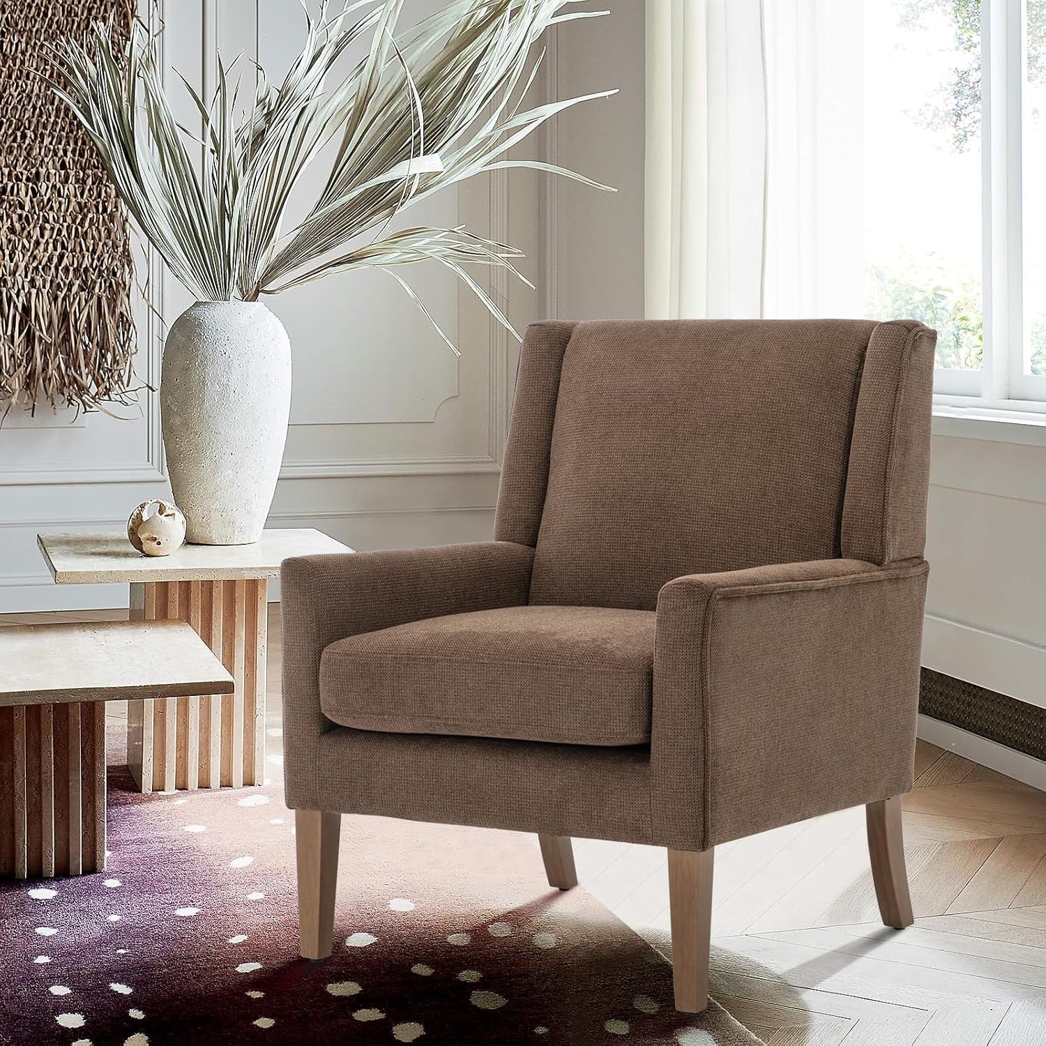 Brown Wingback Accent Armchair Upholstered Lounge Wood Legs