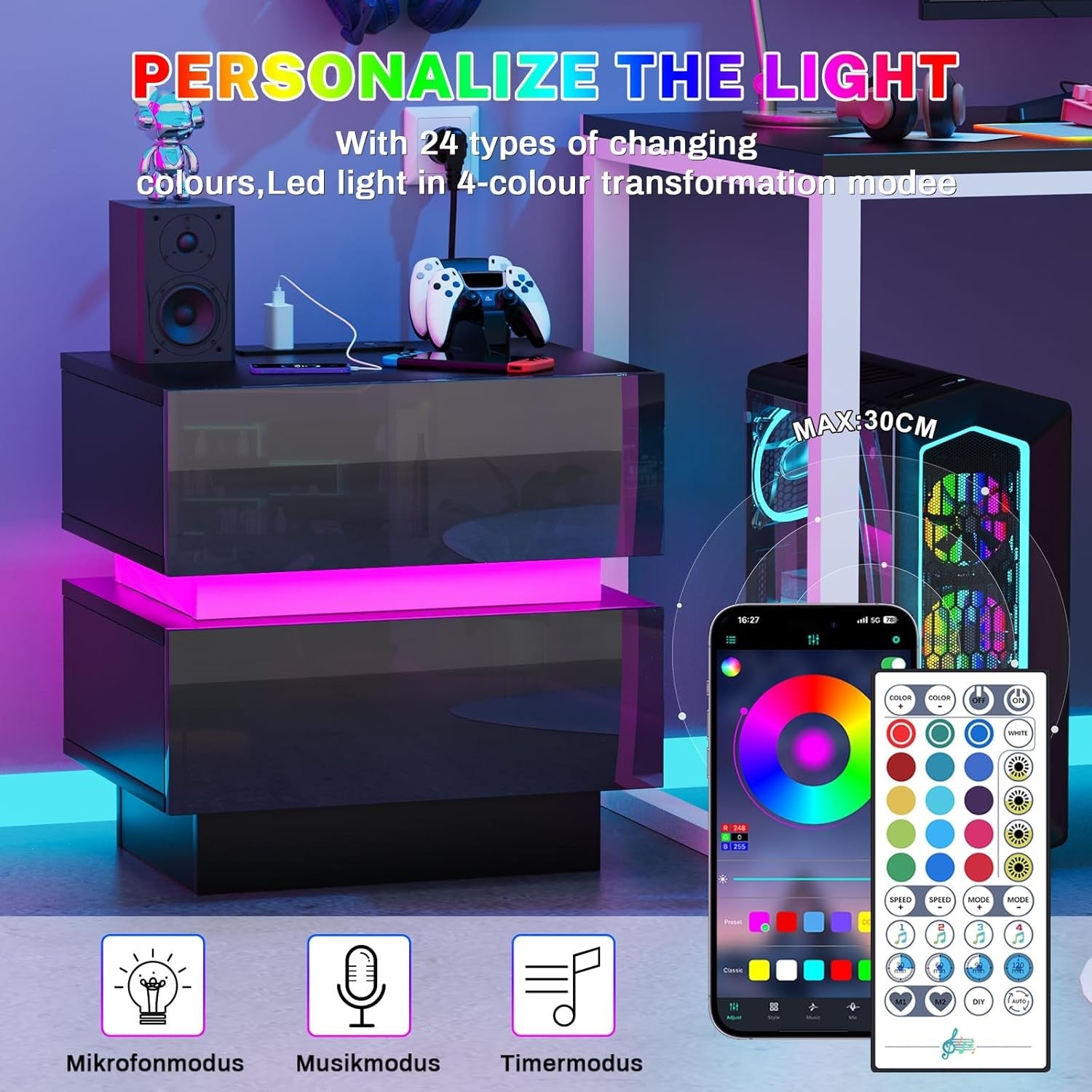 LED Bedside Table with Charging Station 2-Drawer Modern Nightstand Storage