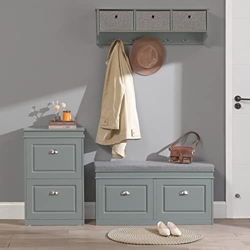 Grey Shoe Storage Bench with Seat & 2 Flip Drawers – Modern Hallway Organizer
