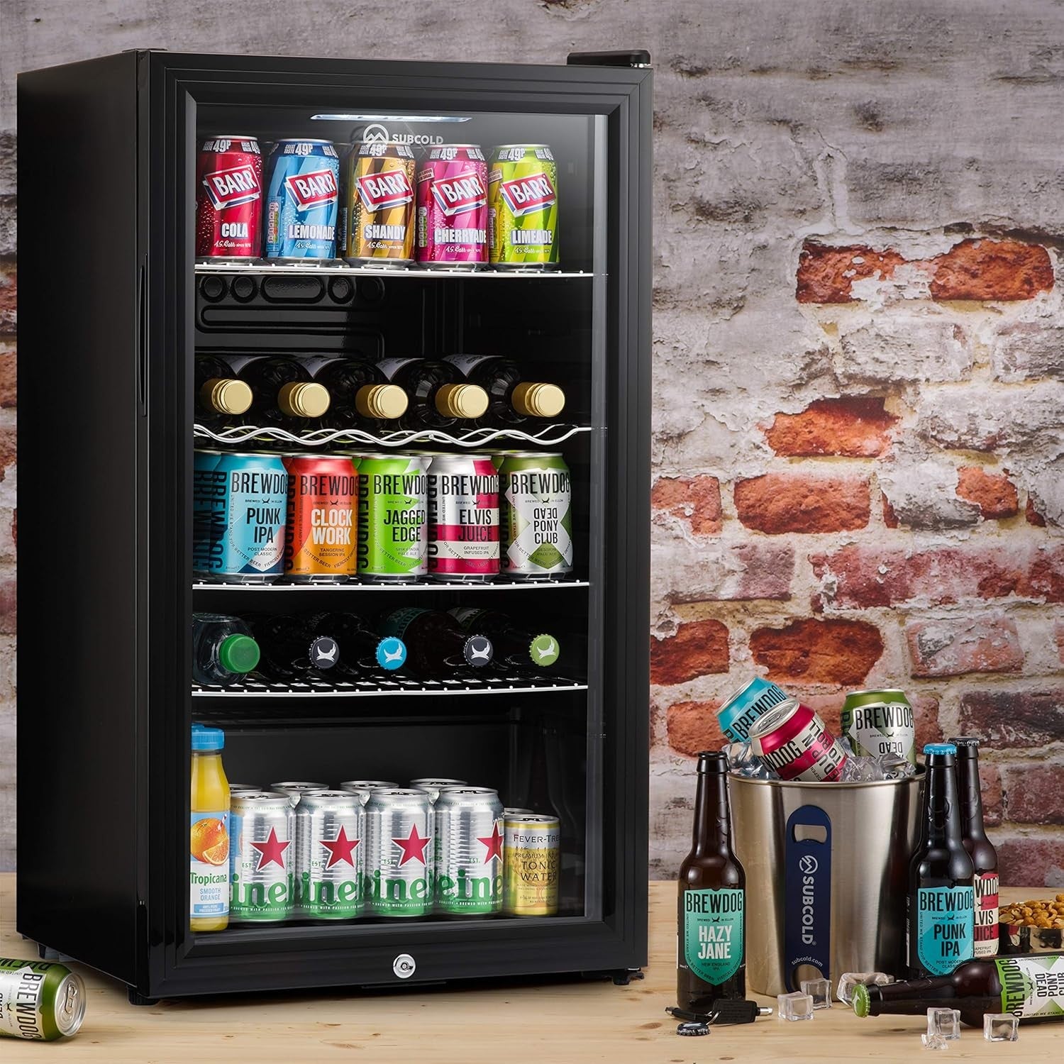 Under Counter Drinks Fridge 85L Beer Wine Cooler Glass Door LED Lockable