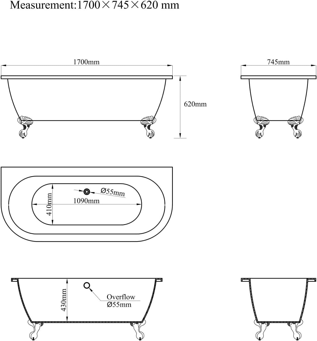 1700x620mm Freestanding Double Ended Back-to-Wall Bath White Feet Acrylic