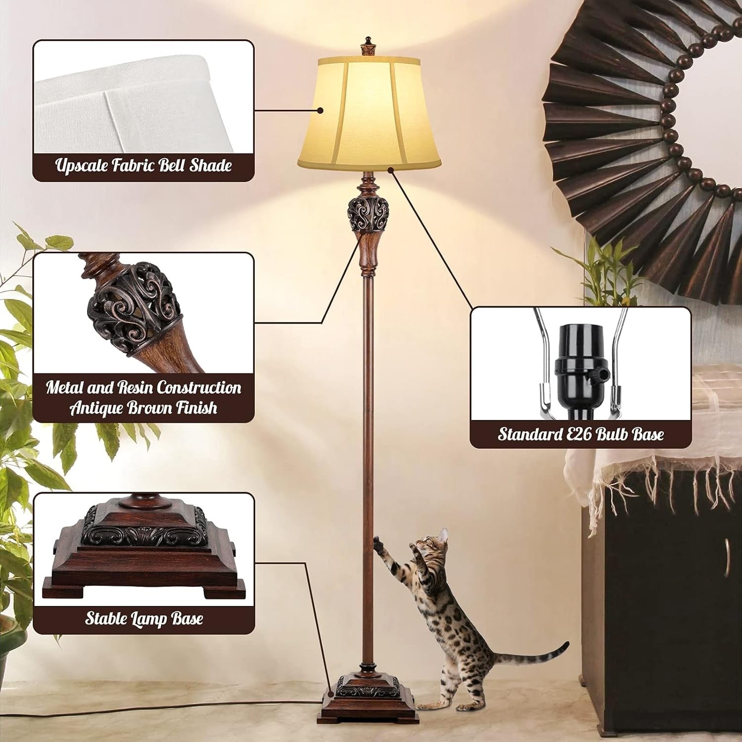 Vintage Floor Lamp Tall Standing Light Fabric Shade Classic Reading Lamp