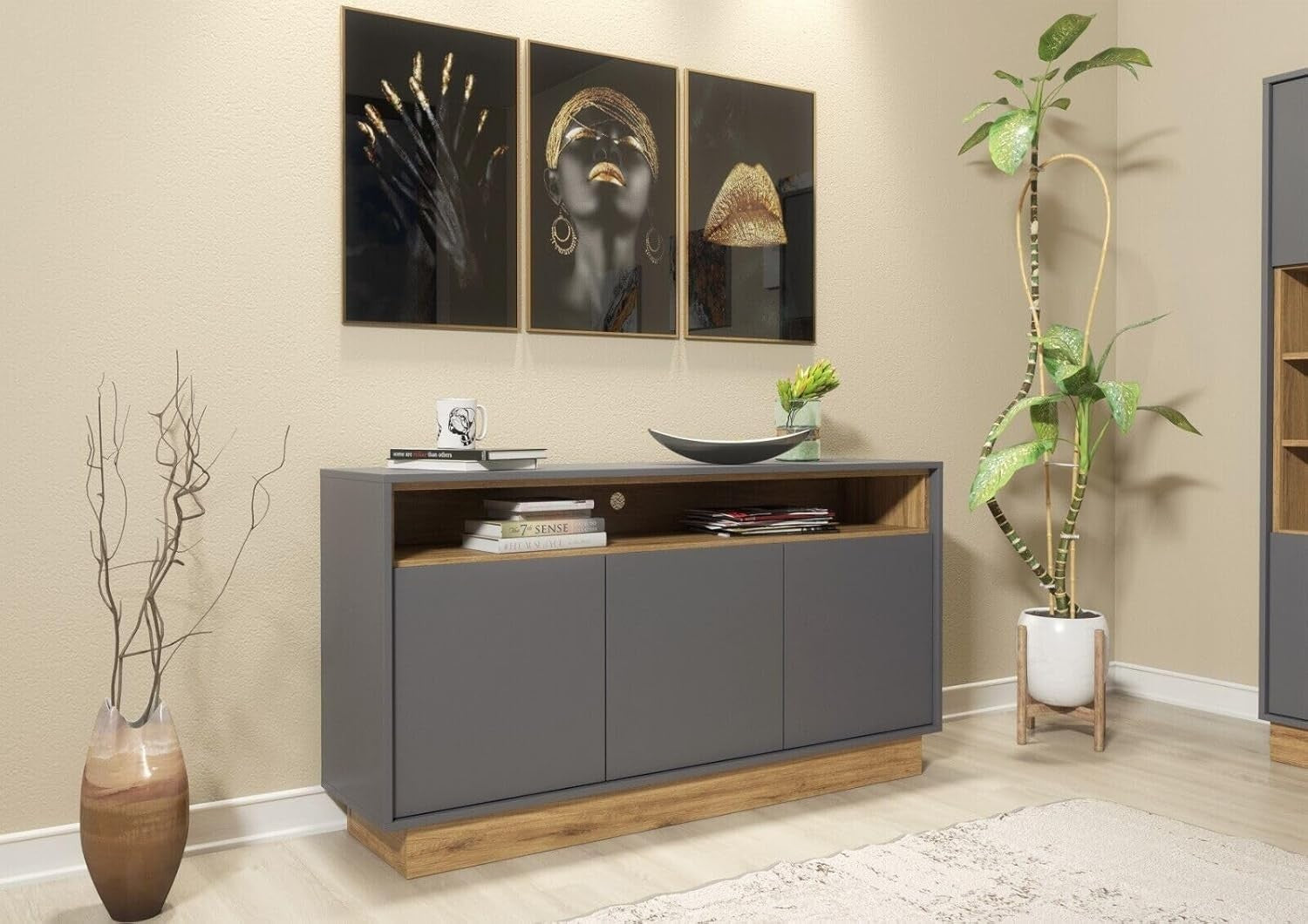 Modern Grey & Oak Sideboard Cabinet 3 Doors Adjustable Shelf Storage Unit