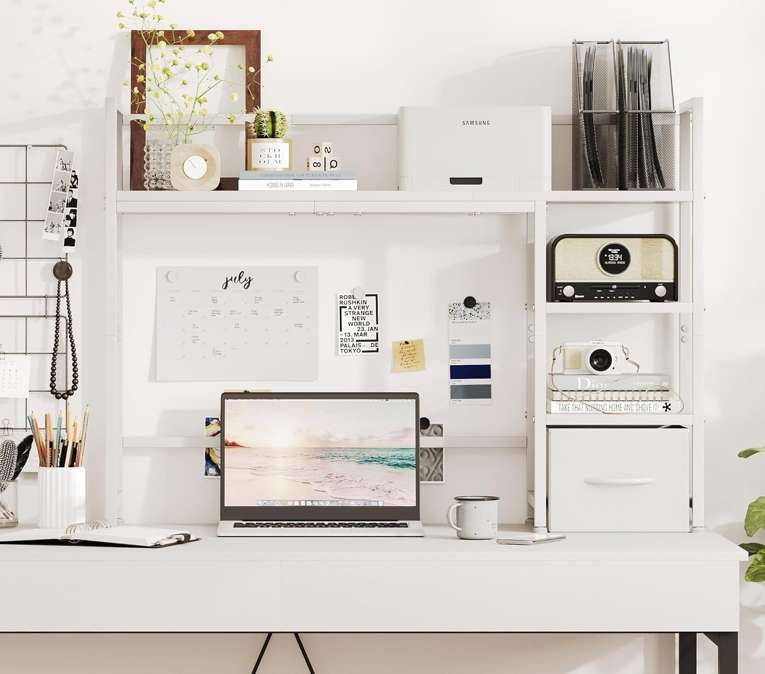 White Desk Hutch Shelf 41.3" 3-Tier Desktop Organizer with Drawer for Monitor