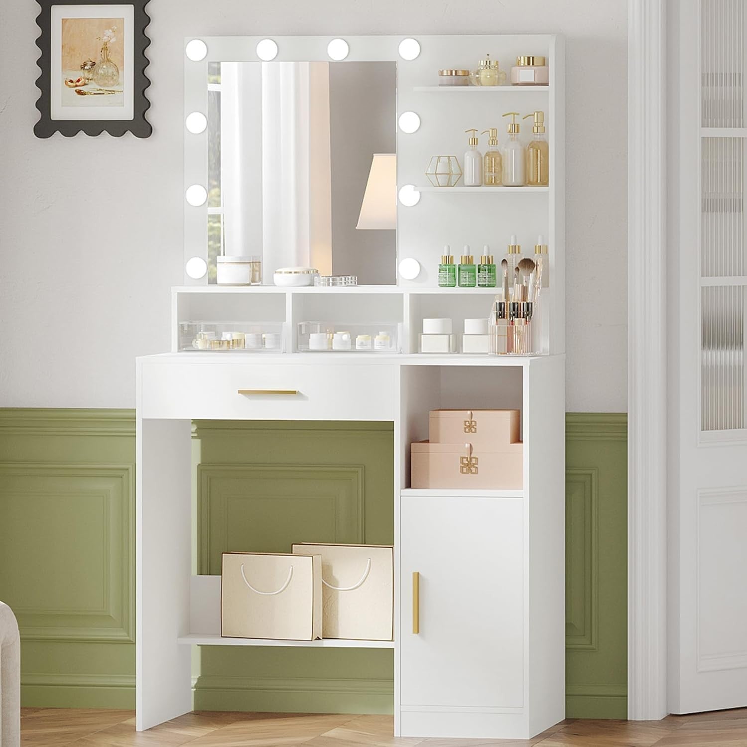 White Vanity Dressing Table Set with 10 Adjustable LED Lights Mirror Storage