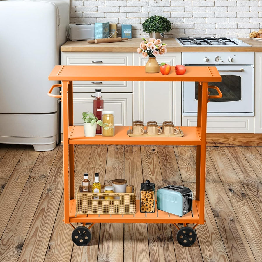 Industrial Bar Cart on Wheels 3 Tier Metal Serving Trolley with Handle