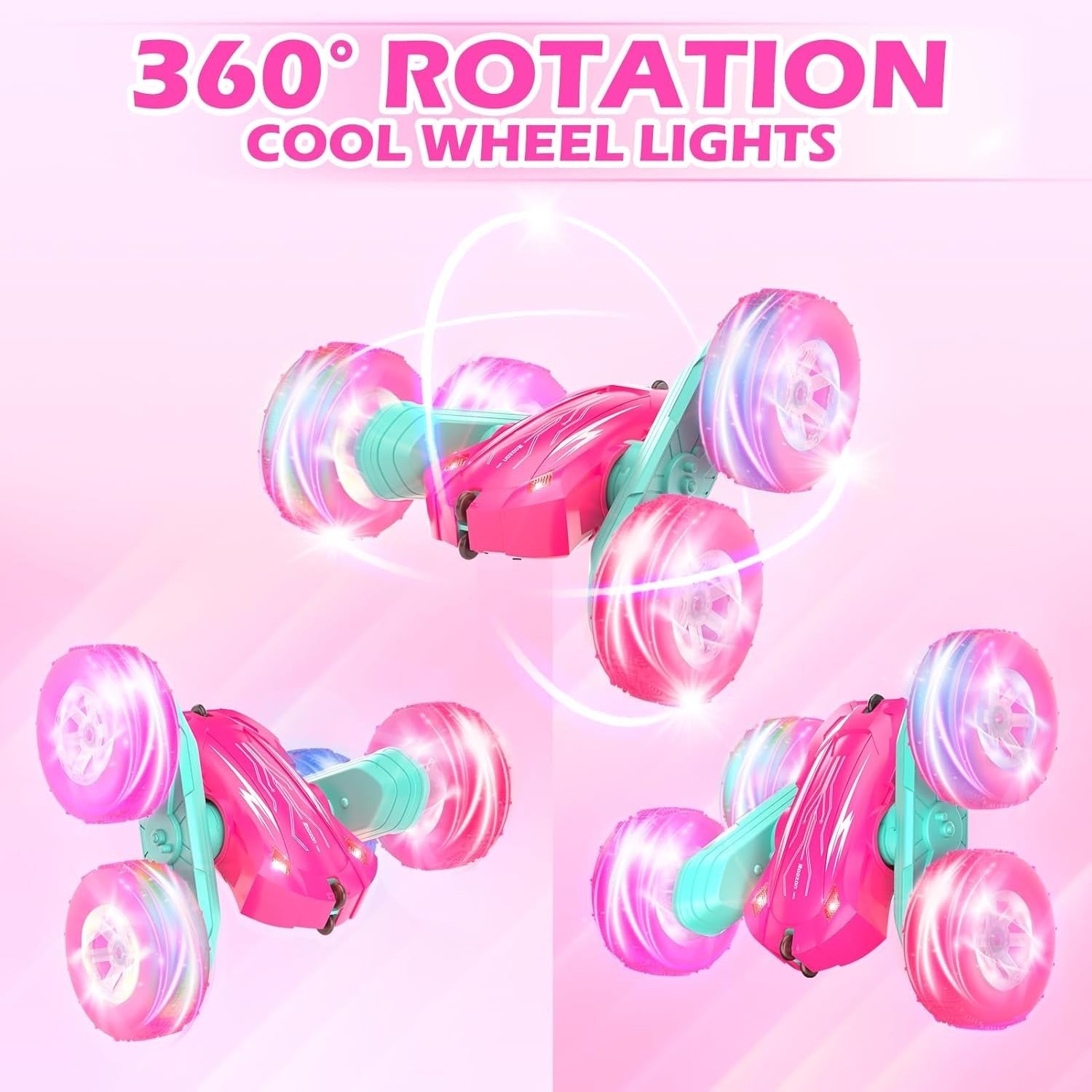 Pink RC Car 4WD 360° Stunt Car with LED Lights Gift for Girls Boys Age 3-12