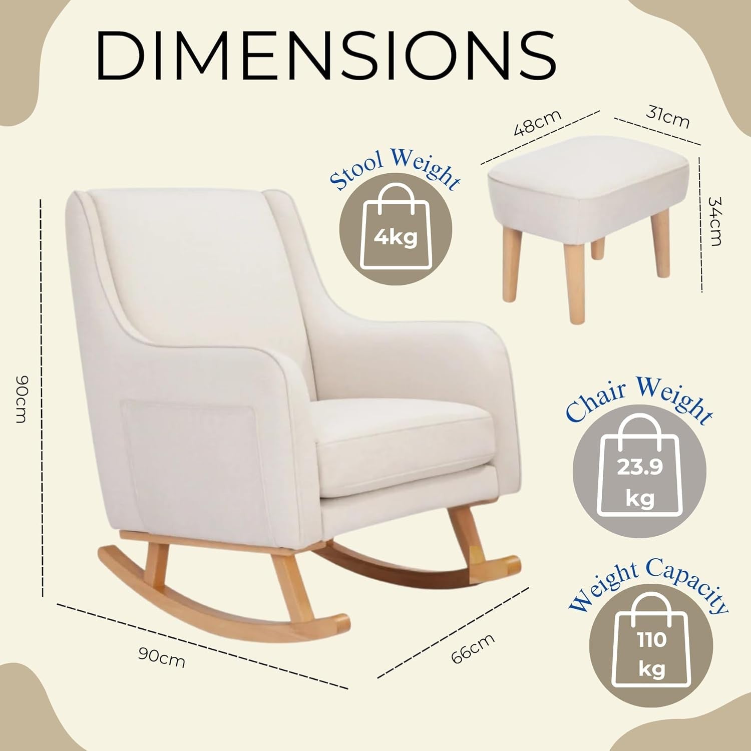 Luxury Nursery Rocking Chair w/ Footstool - Comfy, Stylish, Soft Fabric