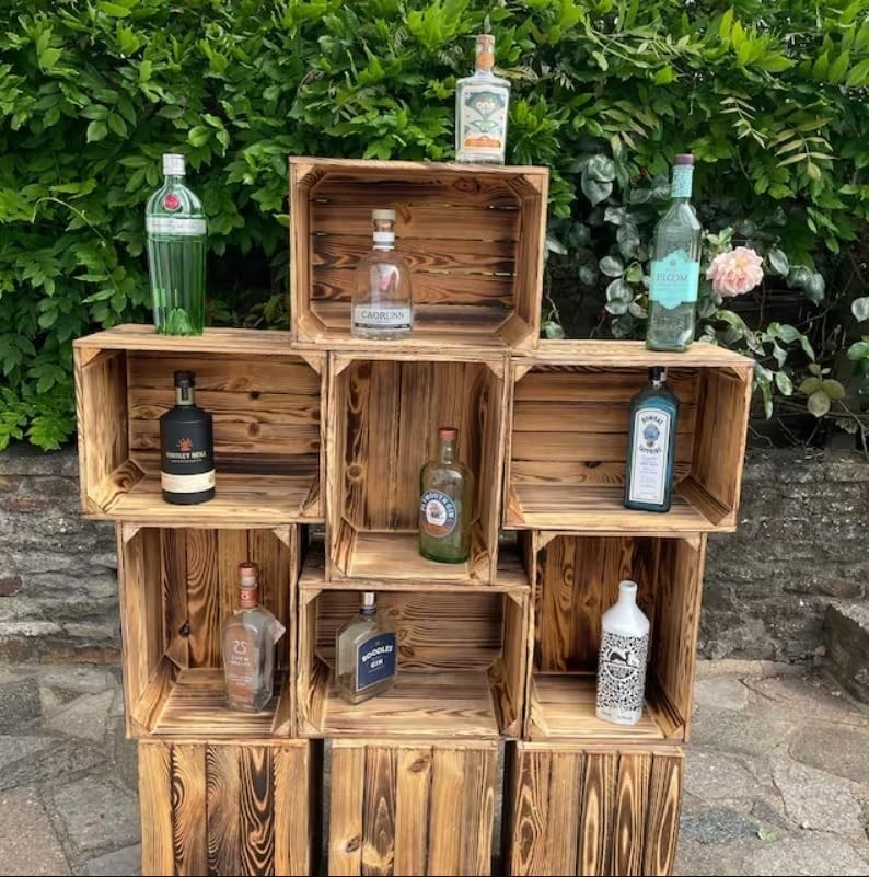 Brown Burnt Effect Wooden Crates 39x29x24cm – Handmade Set of 7