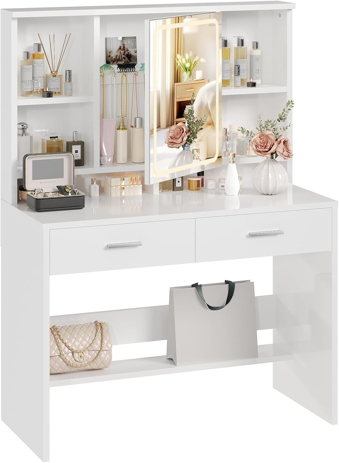 White Vanity Dressing Table with LED Mirror 3-Colour Lights Storage Drawers