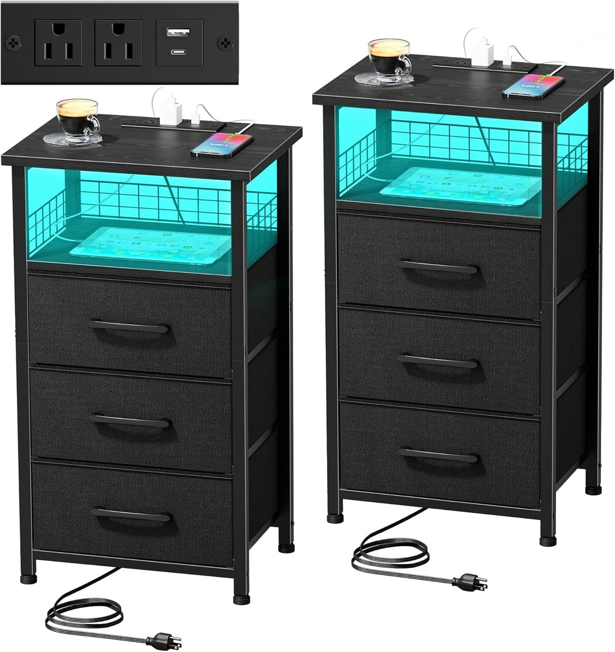 Set of 2 Black LED Bedside Tables with 3 Drawers, USB Ports & Power Outlets