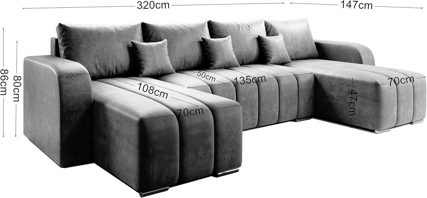 U-Shaped Sofa Bed with Storage, Adjustable Headrest, Velour Brown