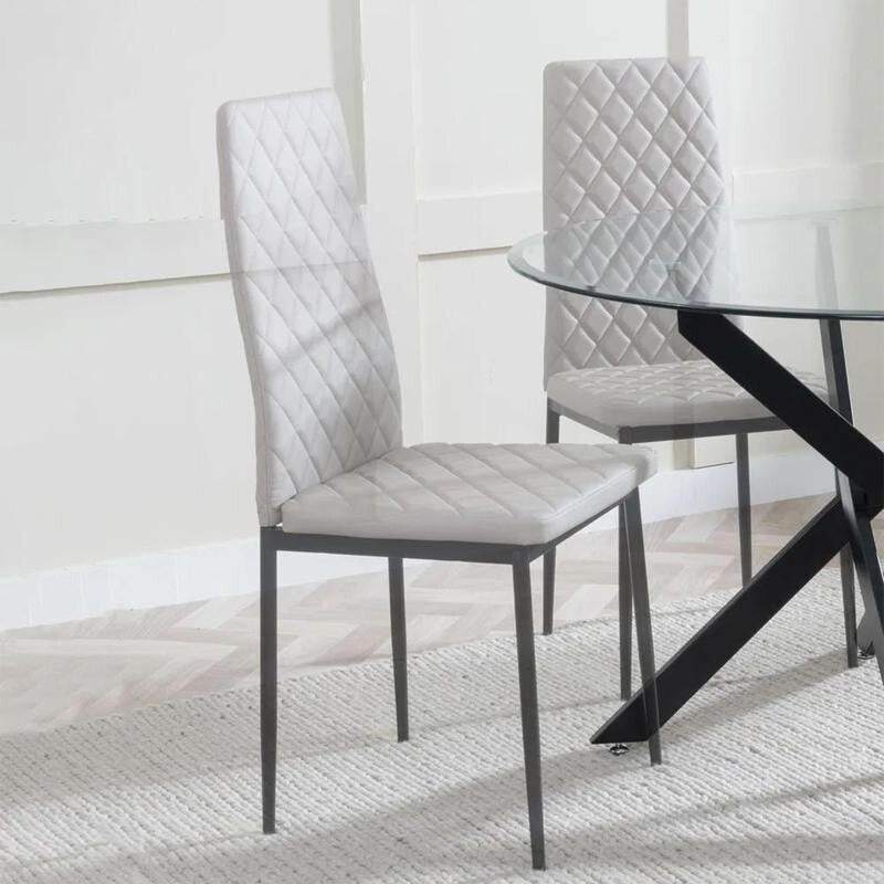 Round Grey Glass Dining Table Set 4 Chairs Chrome Metal Faux Leather
