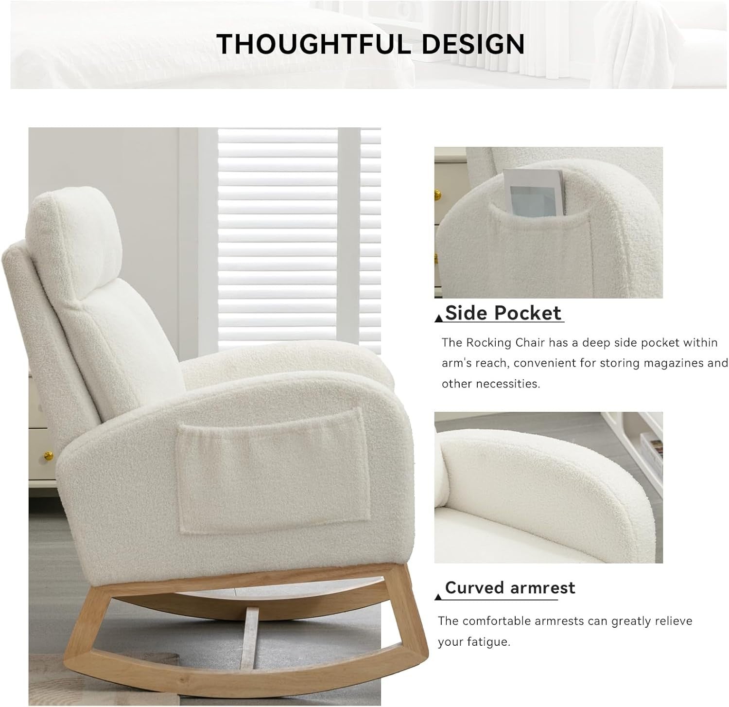 Comfy Rocking Chair for Adults Nursery Bouclé Glider w/ Wood Base Ivory