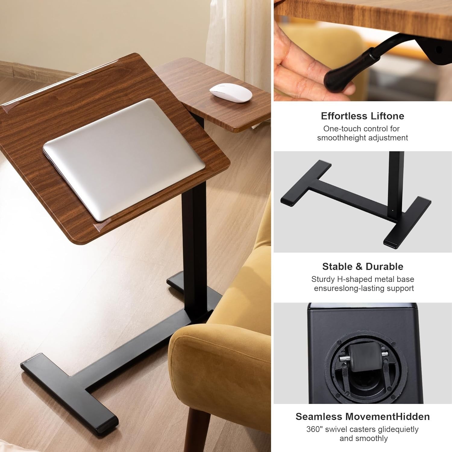 Overbed Laptop Table Height Adjustable Rolling Desk C Shape Tilt Top Walnut