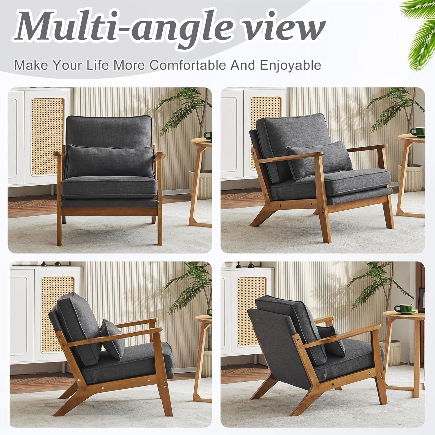 Dark Grey Fabric Accent Chair – Solid Wood Lounge Armchair
