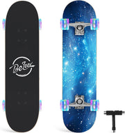 31x8 Complete Skateboard Maple Deck Double Kick Kids Teen Adult Galaxy Blue