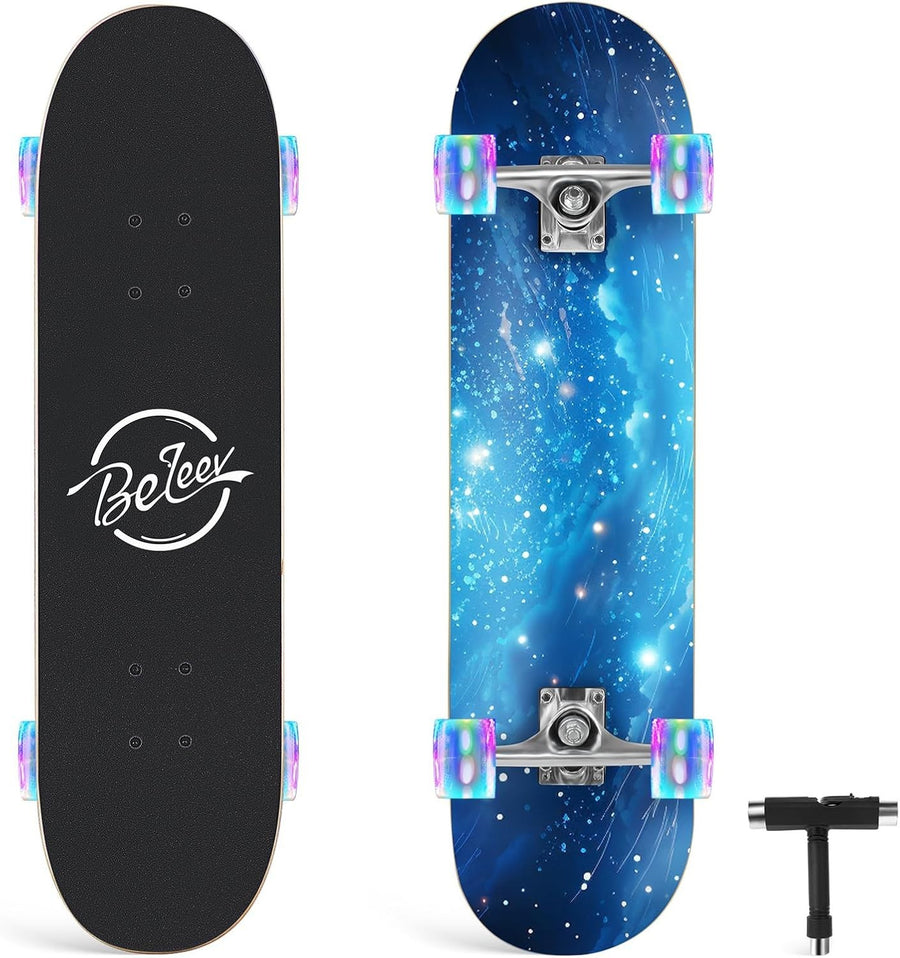 31x8 Complete Skateboard Maple Deck Double Kick Kids Teen Adult Galaxy Blue
