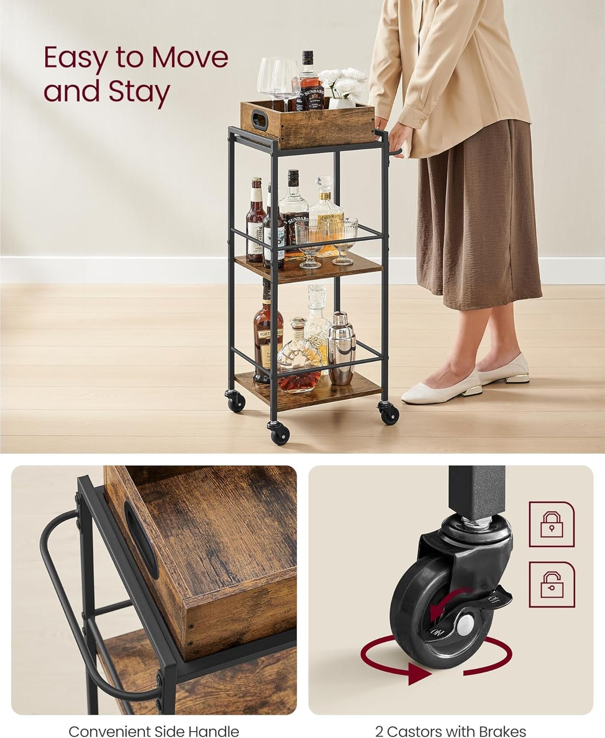 Slim Kitchen Serving Cart on Wheels 3 Tier Utility Trolley with Removable Tray
