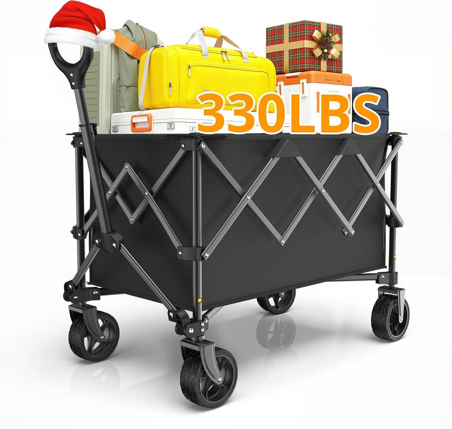 140L Folding Utility Wagon Cart All-Terrain Wheels Telescopic Handle Black