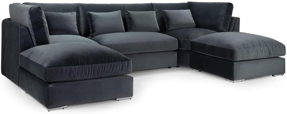 Luxury U Shape Sofa Bed High Back Black Velvet Corner Couch 5 Seater