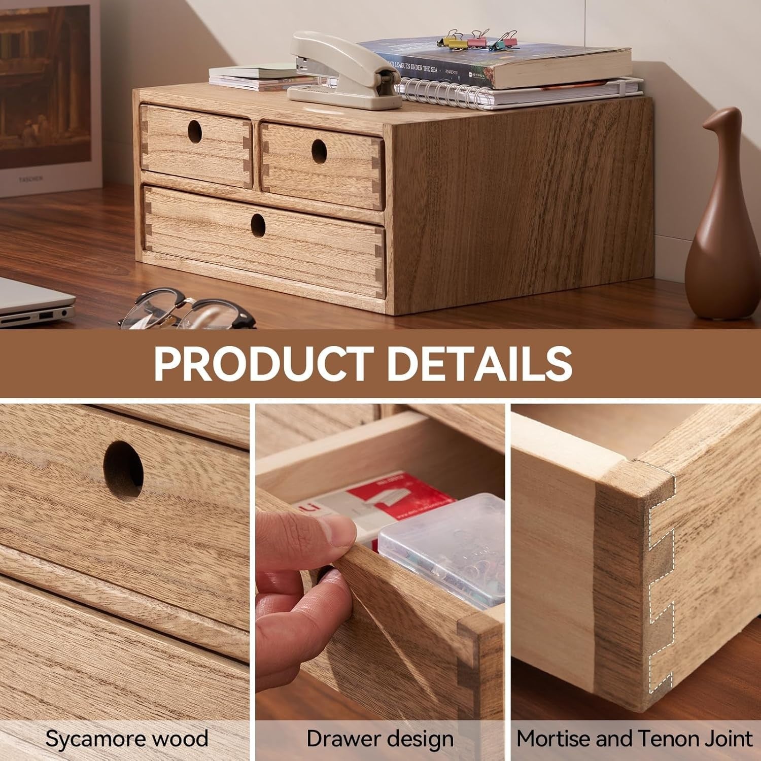 Wood Desktop Organizer 3 Drawer Office Filing Storage Jewelry Box