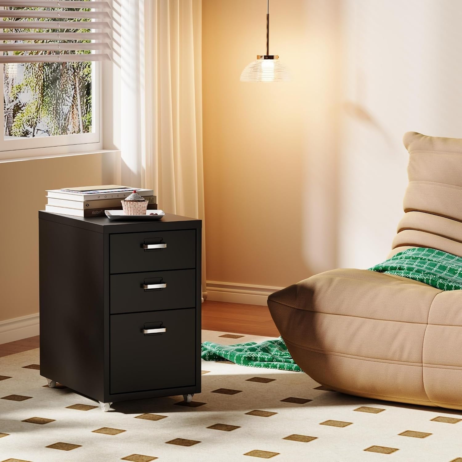 Black Mobile Filing Cabinet 3 Drawer A4 Under Desk Office Storage