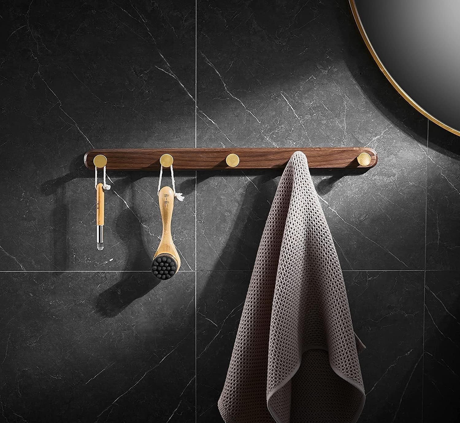 Luxury Walnut Wall Coat Rack 5 Gold Hooks Wooden Hanger Rail Hallway