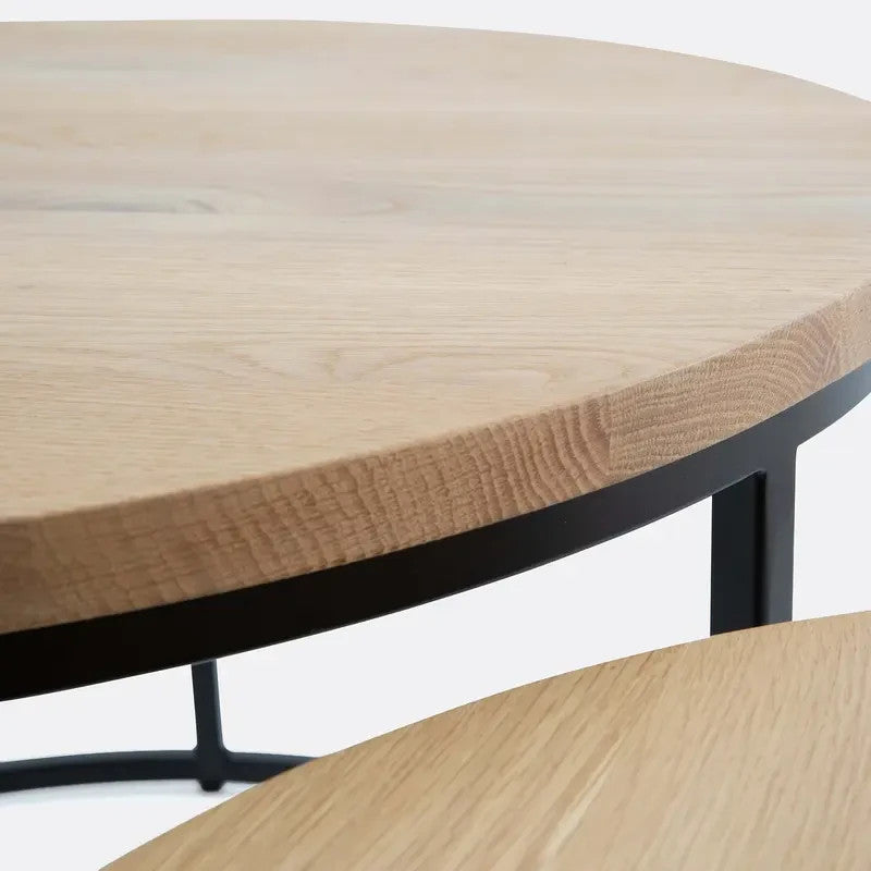 Set of 2 Oak Nesting Coffee Tables | Round Wood & Metal Lounge Table Set