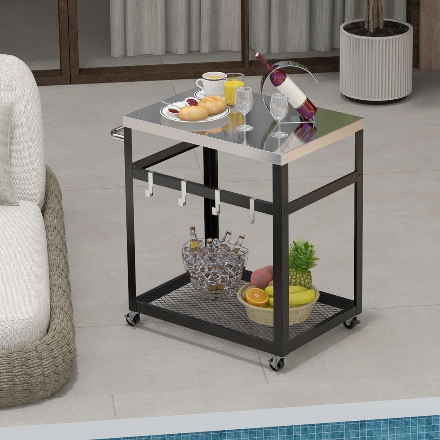 Outdoor BBQ Grill Cart Pizza Oven Stand 2-Tier Stainless Steel Top Trolley 84x50