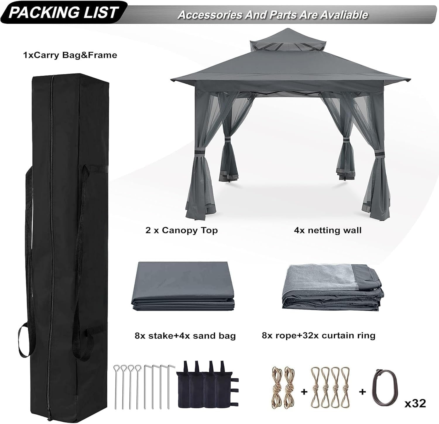 3.6x3.6M Gray Pop Up Gazebo With Mesh Walls Outdoor Canopy Tent