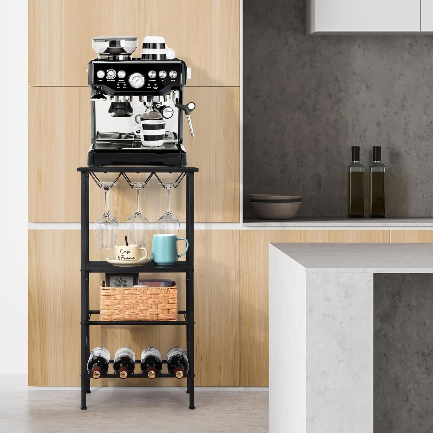 Freestanding 4-Tier Wine Rack with Glass Holder, Rustic Metal Bar Shelf Storage