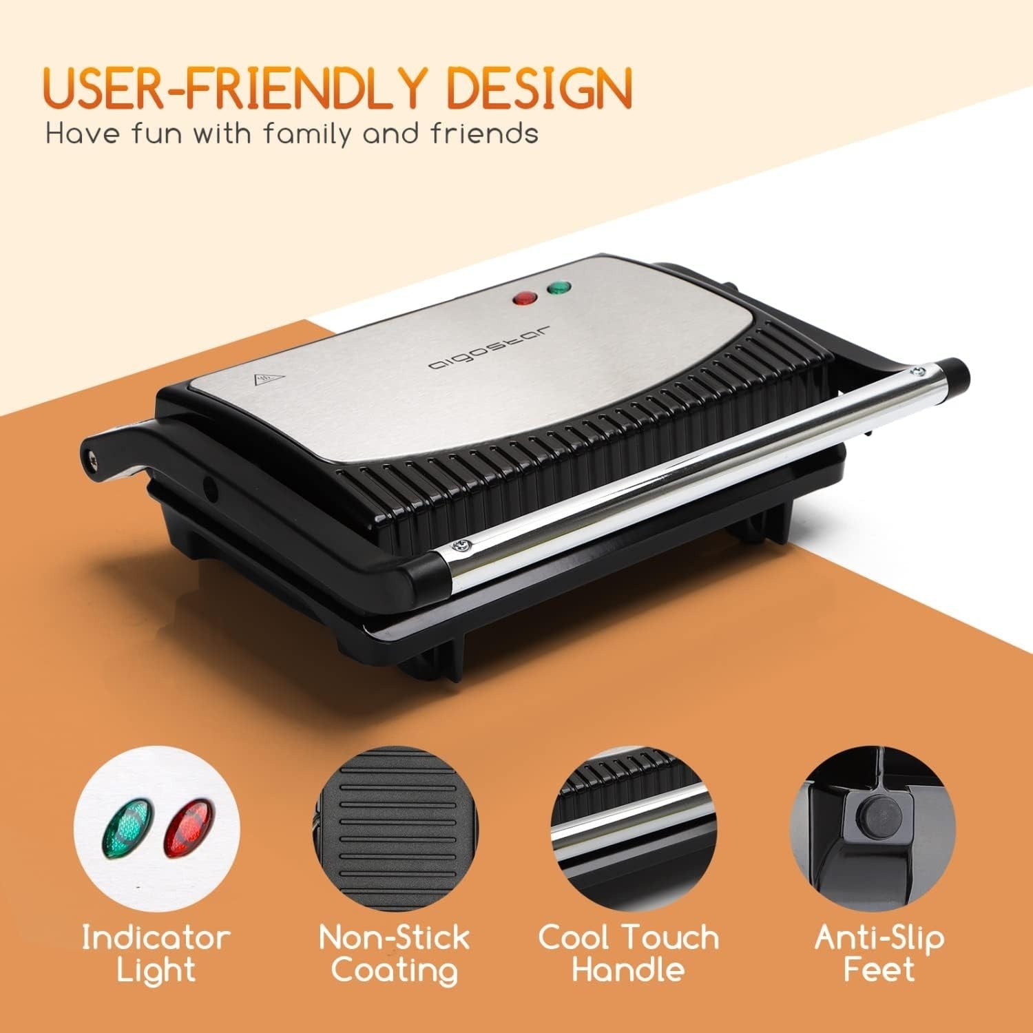 Panini Press Grill Toaster Maker Non-Stick 180° Open 800W Stainless Steel