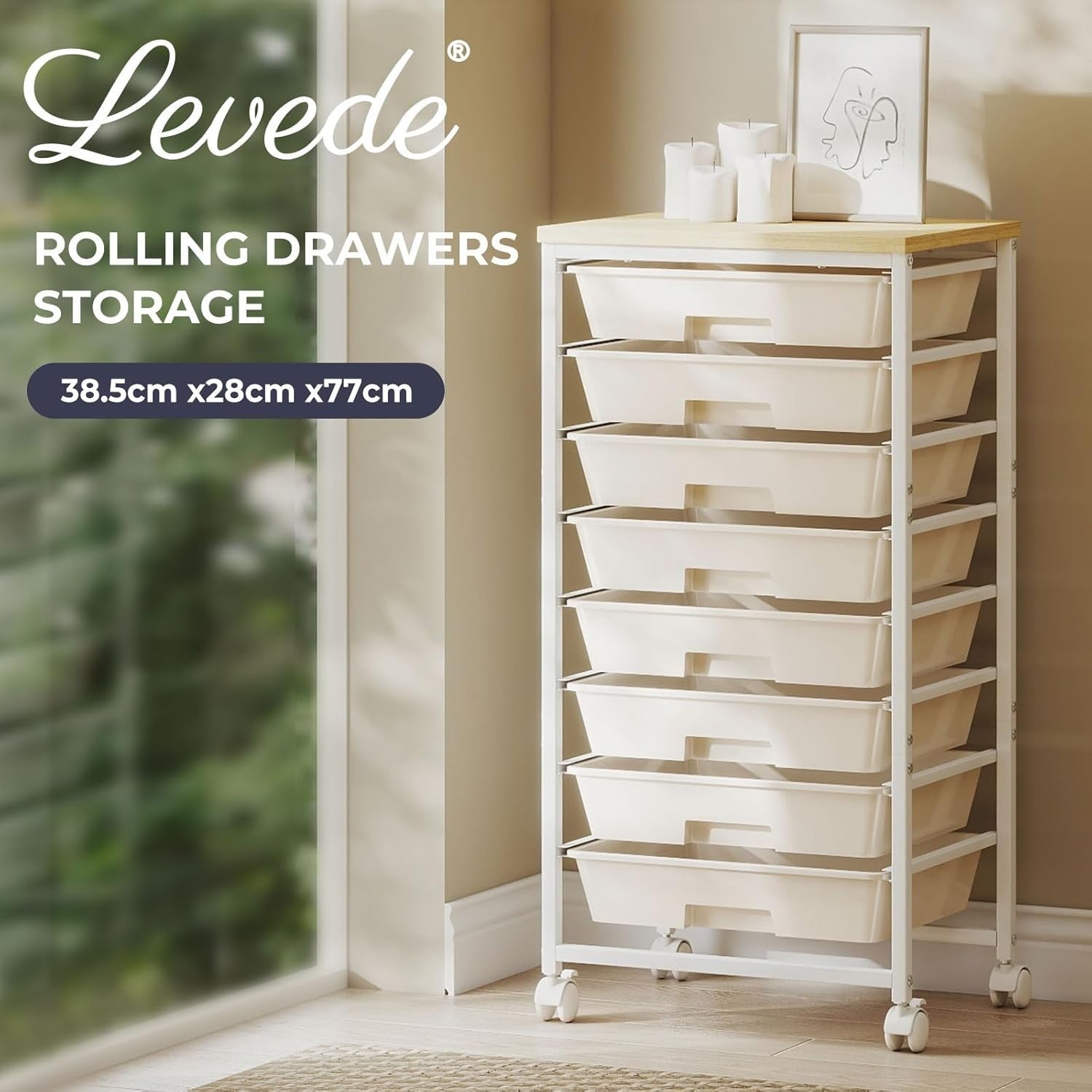 8 Drawer Rolling Storage Trolley Utility Cart Wooden Top White Wheels