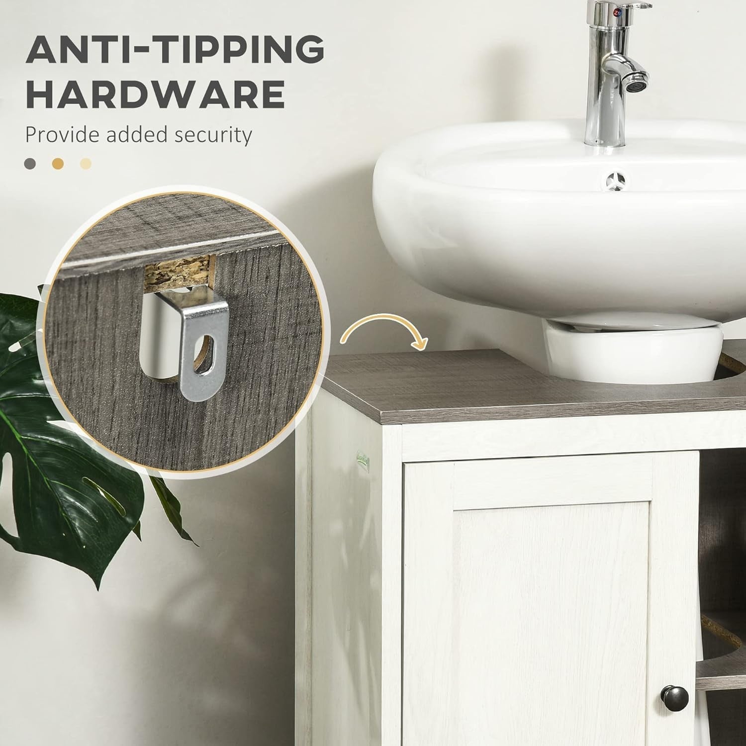 Under Sink Bathroom Cabinet Grey 60cm, Double Doors, Freestanding Storage Unit