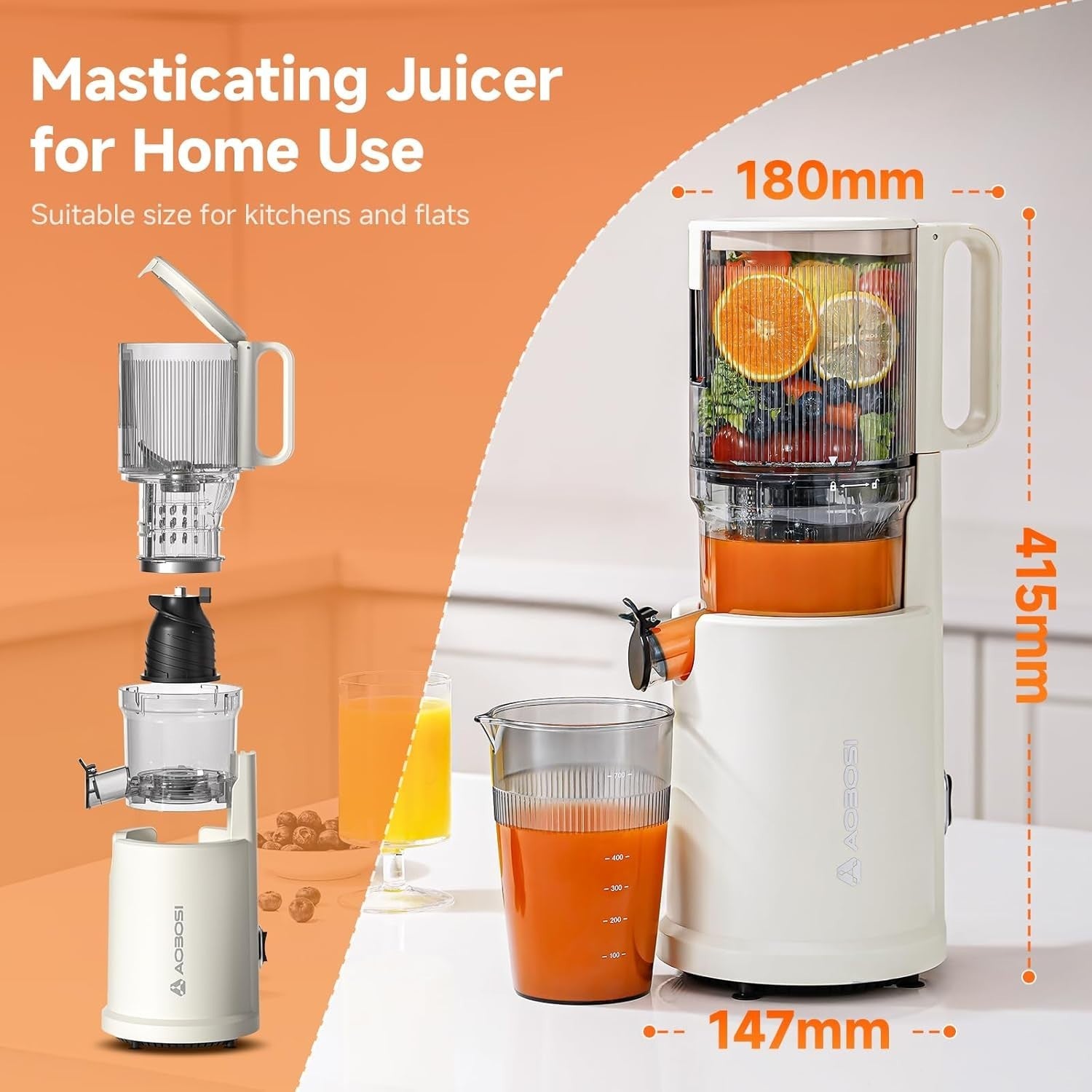 Cold Press Juicer 135mm Wide Chute Whole Fruit Slow 200W High Yield White