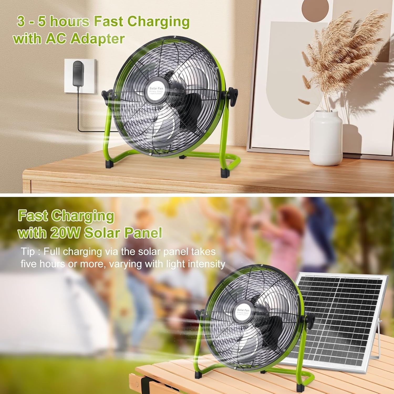 20W Solar Floor Fan – 15000mAh Rechargeable Portable 12-Speed Outdoor Black
