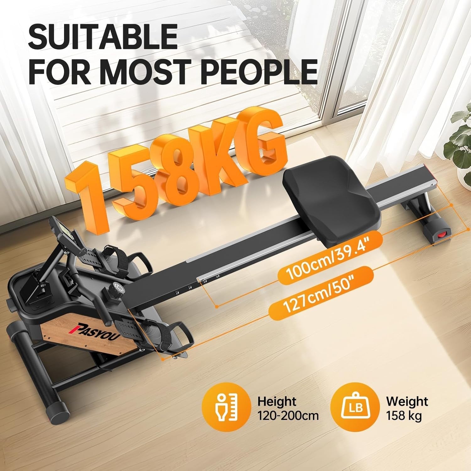 Magnetic Rowing Machine Quiet Resistance LCD App Home Rower 158KG Capacity