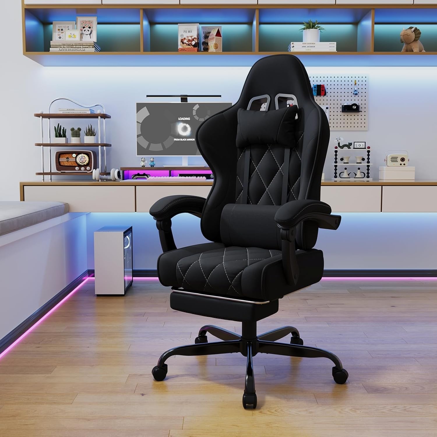 Ergonomic Fabric Gaming Chair Recliner w/ Footrest & Massage