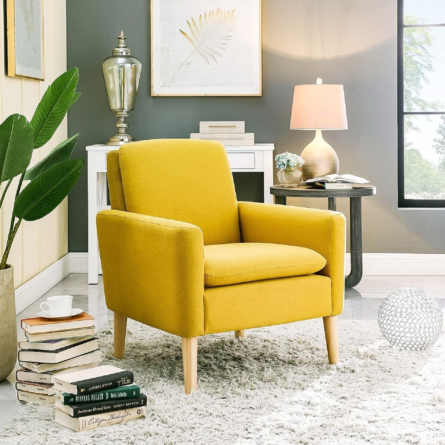 Yellow Lounge Armchair Upholstered with Wood Legs for Living Room Bedroom