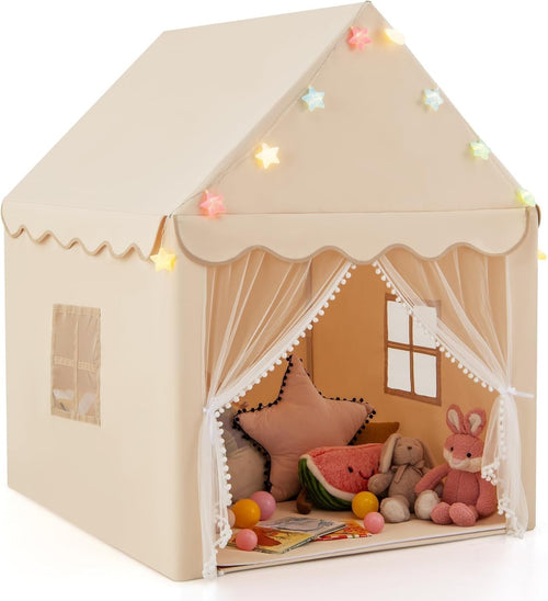 Beige Kids Fairy Castle Play Tent With Star Lights Washable Mat