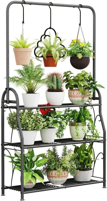 3 Tier Hanging Metal Plant Stand | Tall Indoor Outdoor Flower Pot Shelf Rack