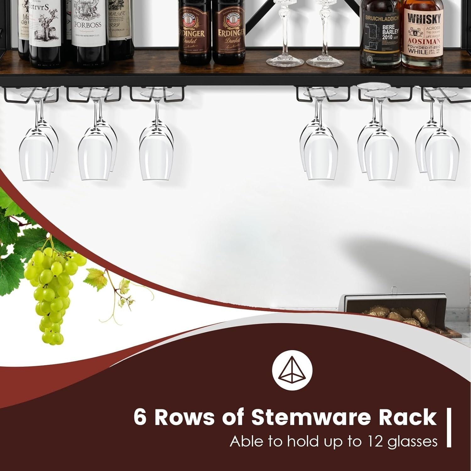 Wall Mounted Wine Rack with Glass Holder 2-Tier Metal Shelf Bar Storage Display