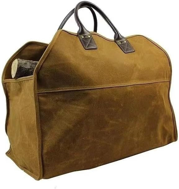 Durable Canvas Firewood Basket Log Carrier Bag with Leather Handles
