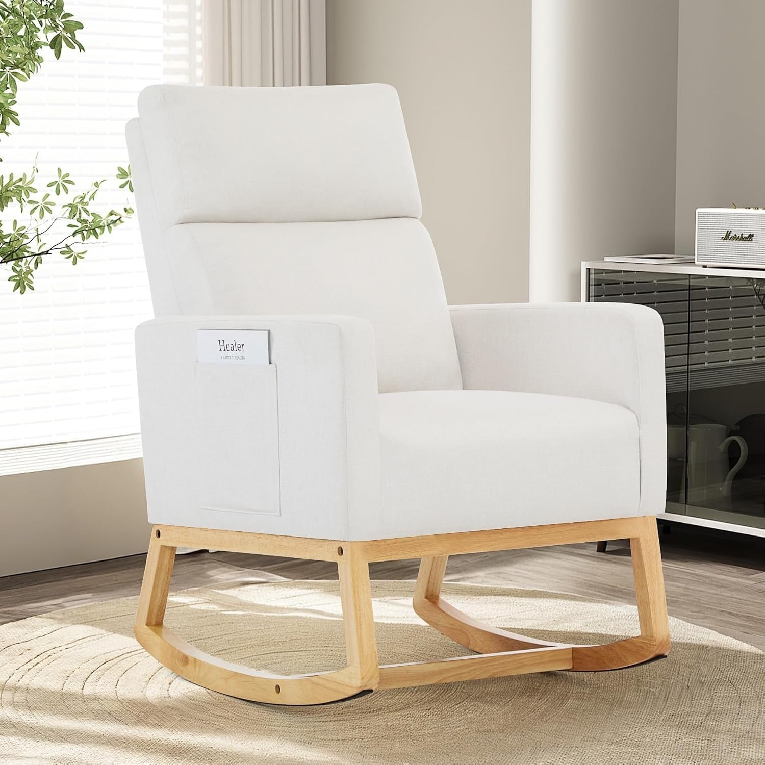 Linen Rocking Chair for Adults with High Back, Pockets & Wood Legs, Ivory