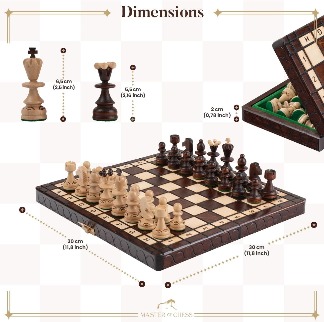 Handcrafted 30cm Wooden Chess Set | Portable Foldable Board | Classic Travel Gam