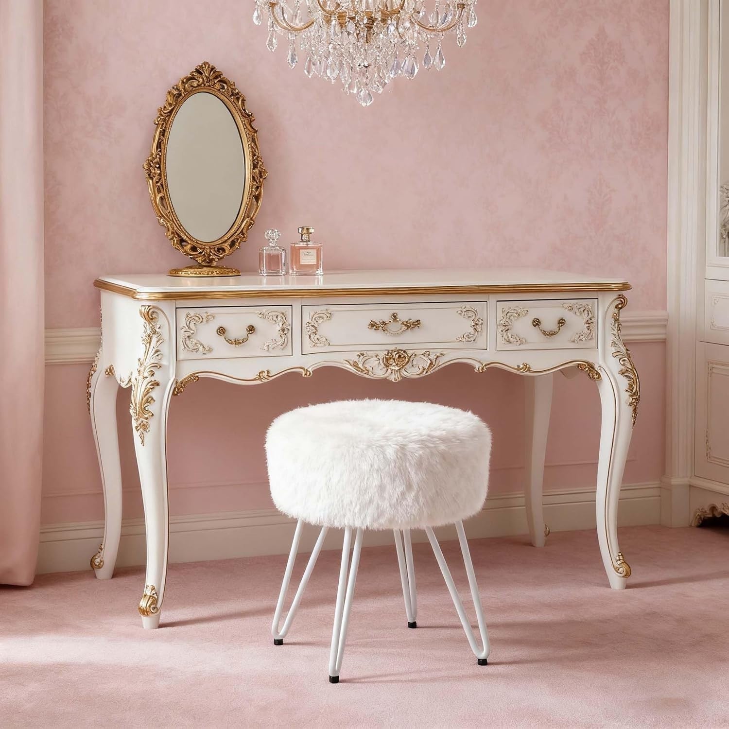 White Plush Round Vanity Stool with Metal Legs – Soft Padded Dressing Chair
