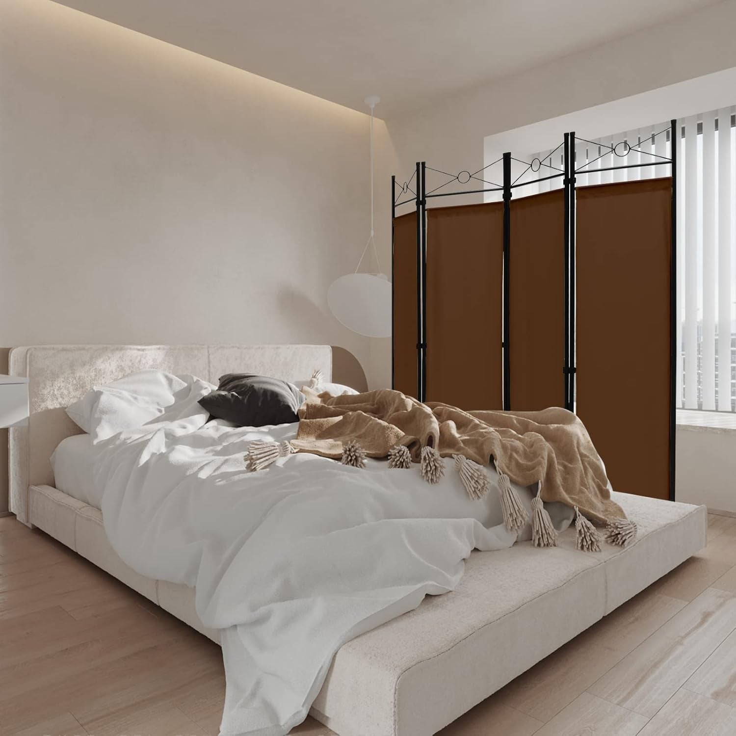 4 Panel Brown Folding Room Divider Privacy Screen for Bedroom Office Living