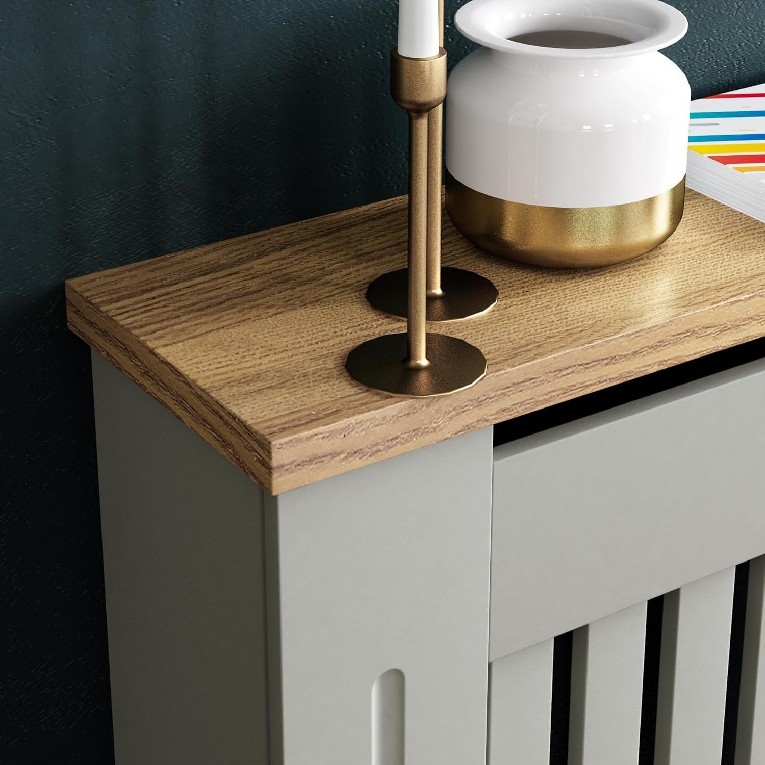 Medium Olive Grey Radiator Cover Cabinet MDF Slatted Grill with Wood Top Shelf